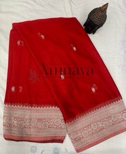 Scarlet Silver Elegance – Red Chiffon Saree