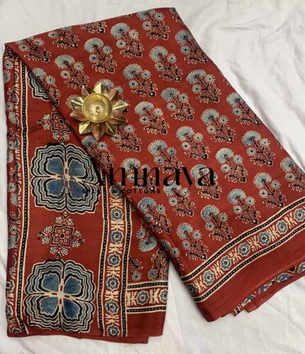 Red Bagru Modal Silk Handblock Saree
