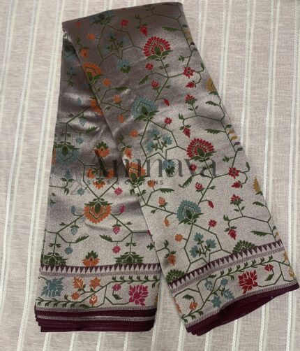 Silver Grey Floral Art Silk Saree