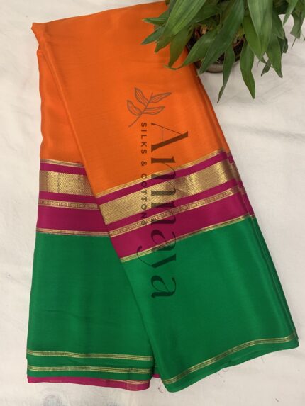 Tricolour Saree – Orange, Pink & Emerald Green