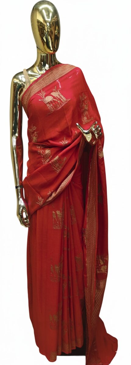 Pure Red Banaras Crepe Saree