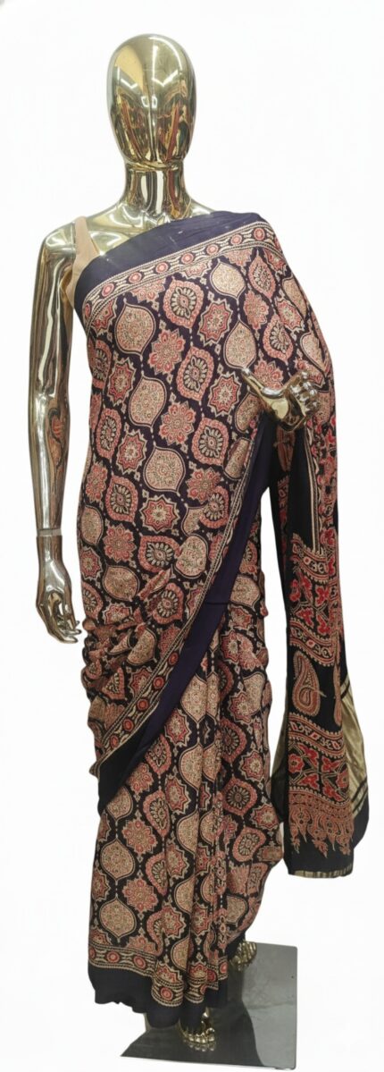 Ajrak Navy Blue Modal Silk Saree