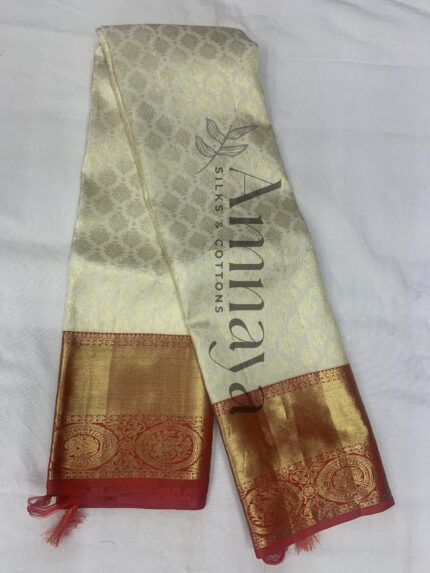 Ivory Gold Kanchivaram Saree with Red Temple Border