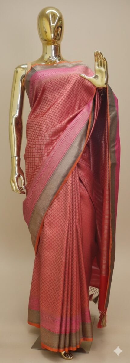 Coral Pink Banarasi semi silk saree