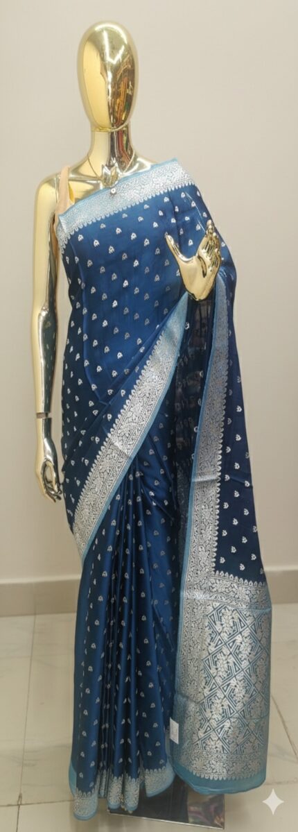 Peacock blue or teal blue Banarasi fancy silk saree