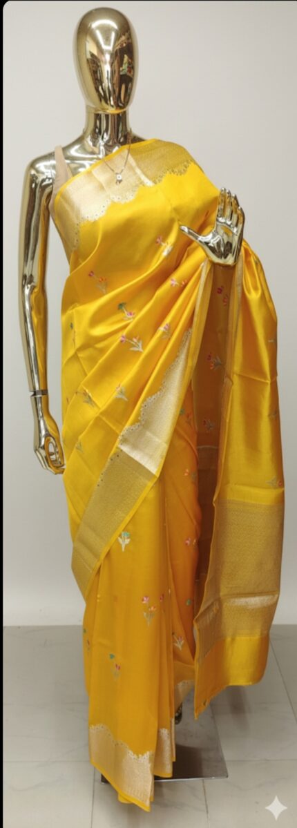 Canary Yellow Banarasi Raw mango Silk Saree